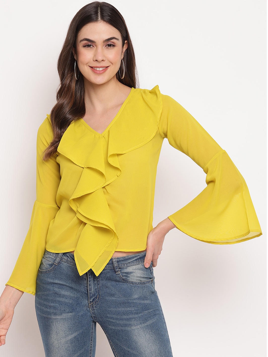 

Mayra Bell Sleeves Ruffles Georgette Top, Yellow