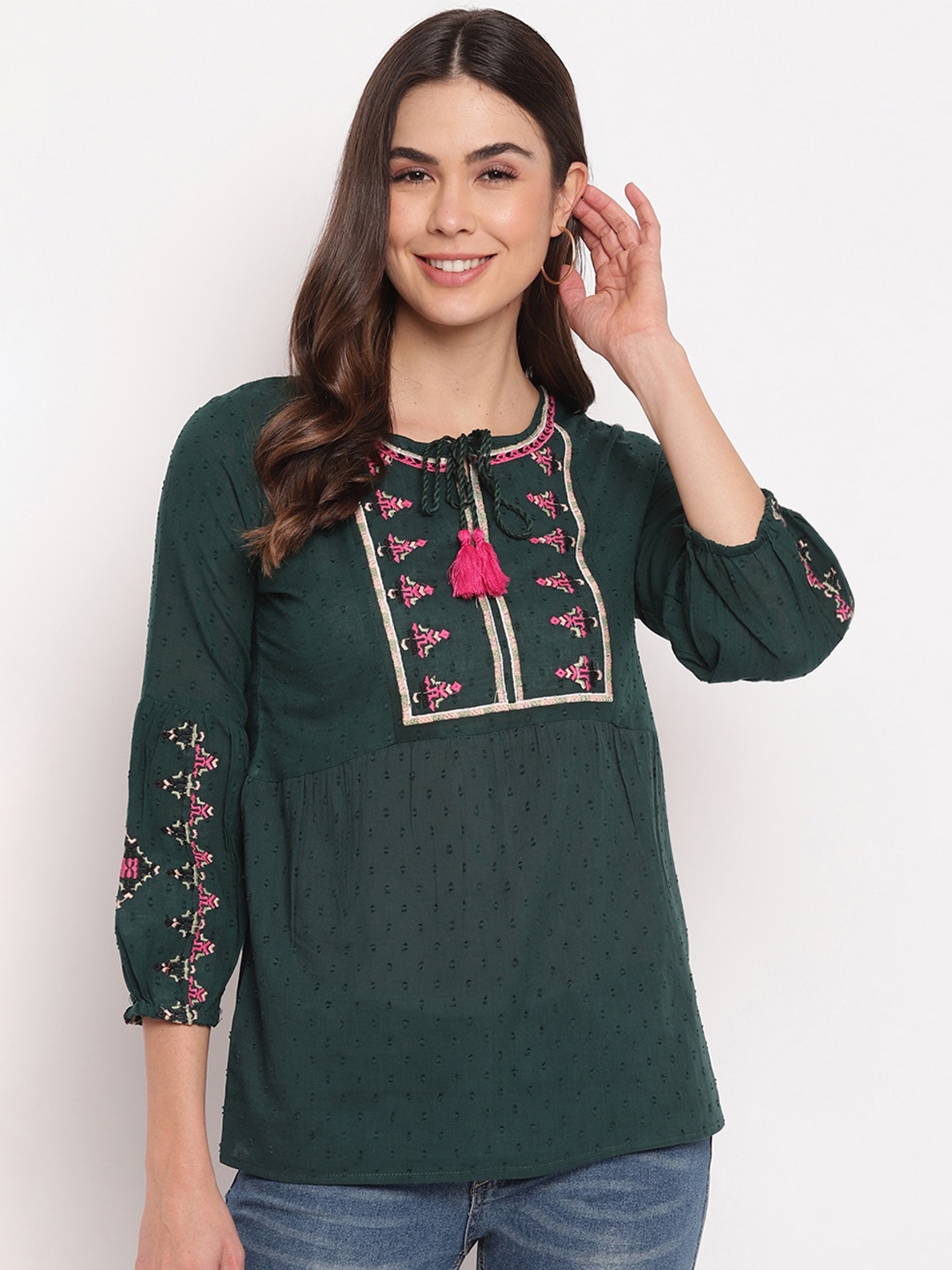 

Mayra Ethnic Motifs Embroidered Tie-Up Neck Pure Cotton Top, Green