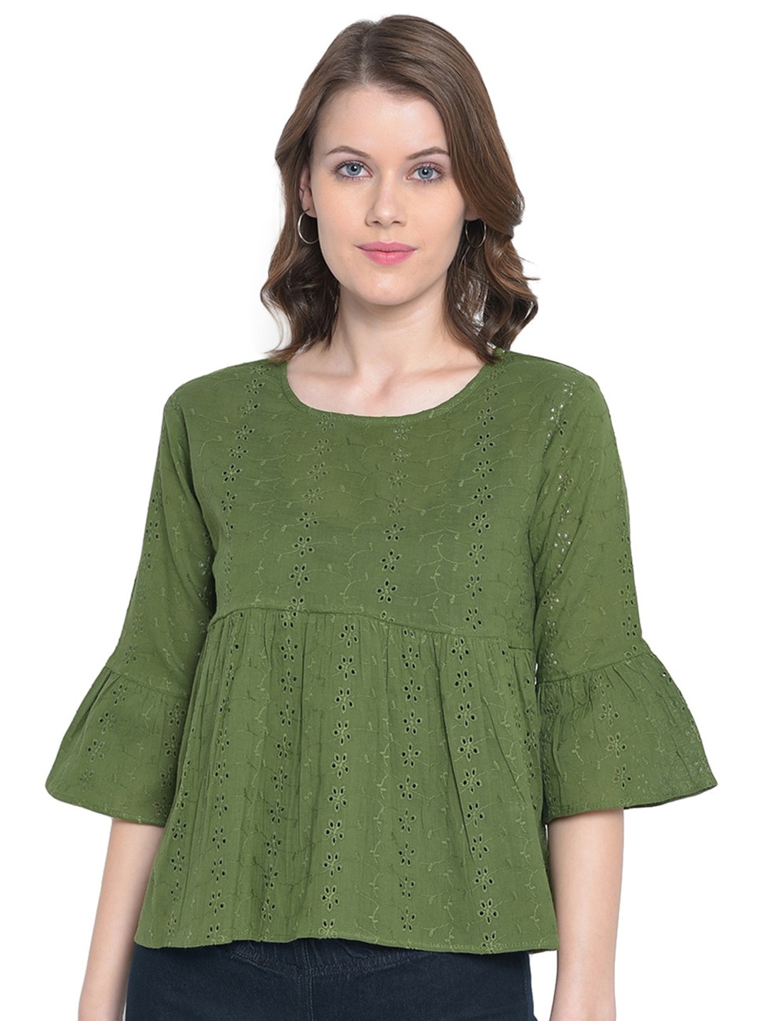 

Mayra Self Design Bell Sleeves Pure Cotton Top, Olive