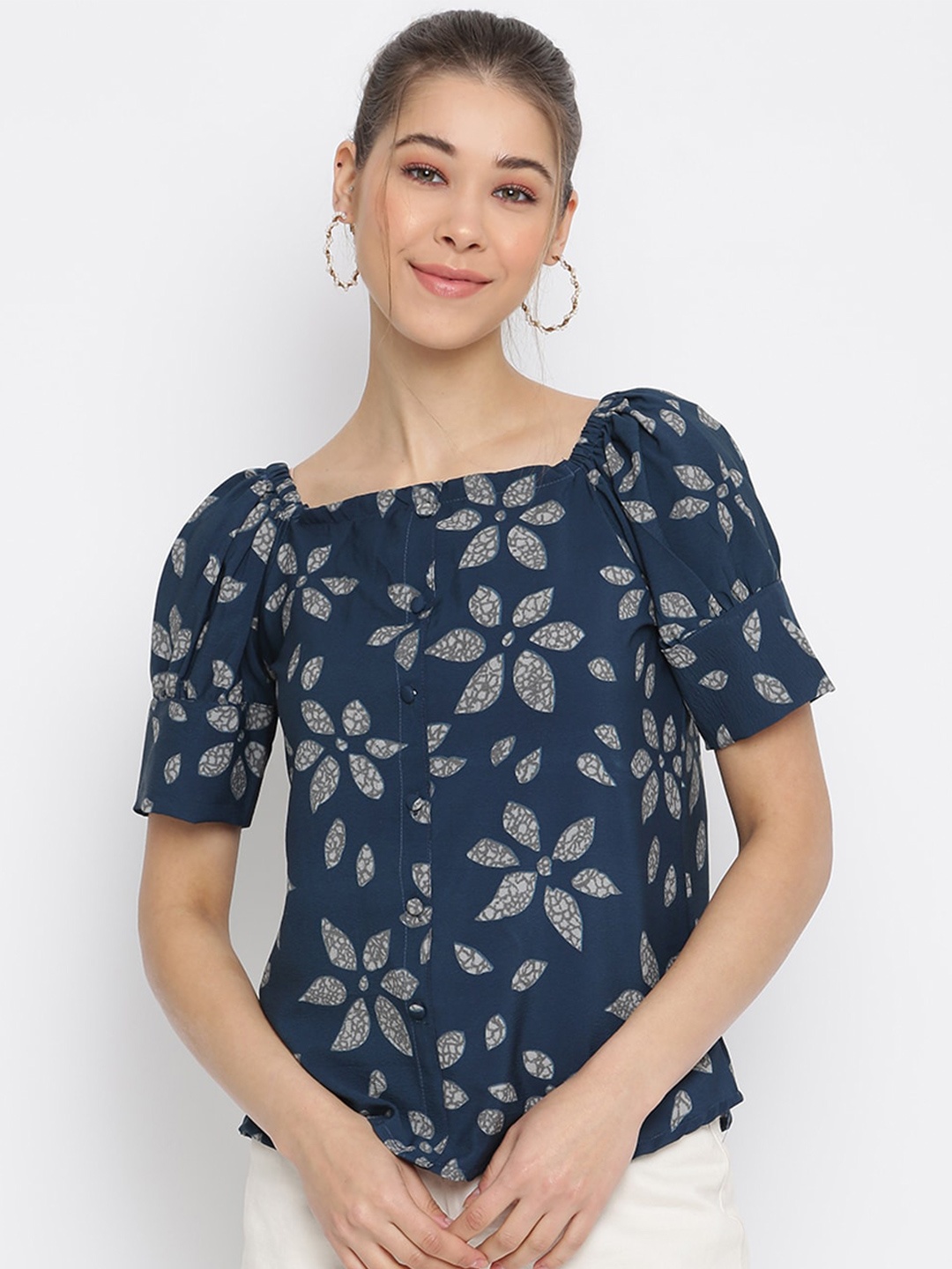 

Mayra Floral Printed Puff Sleeves Crepe Top, Blue