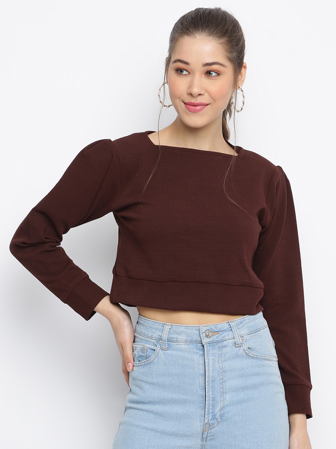 

Mayra Boat Neck Puff Sleeves Crop Top, Brown