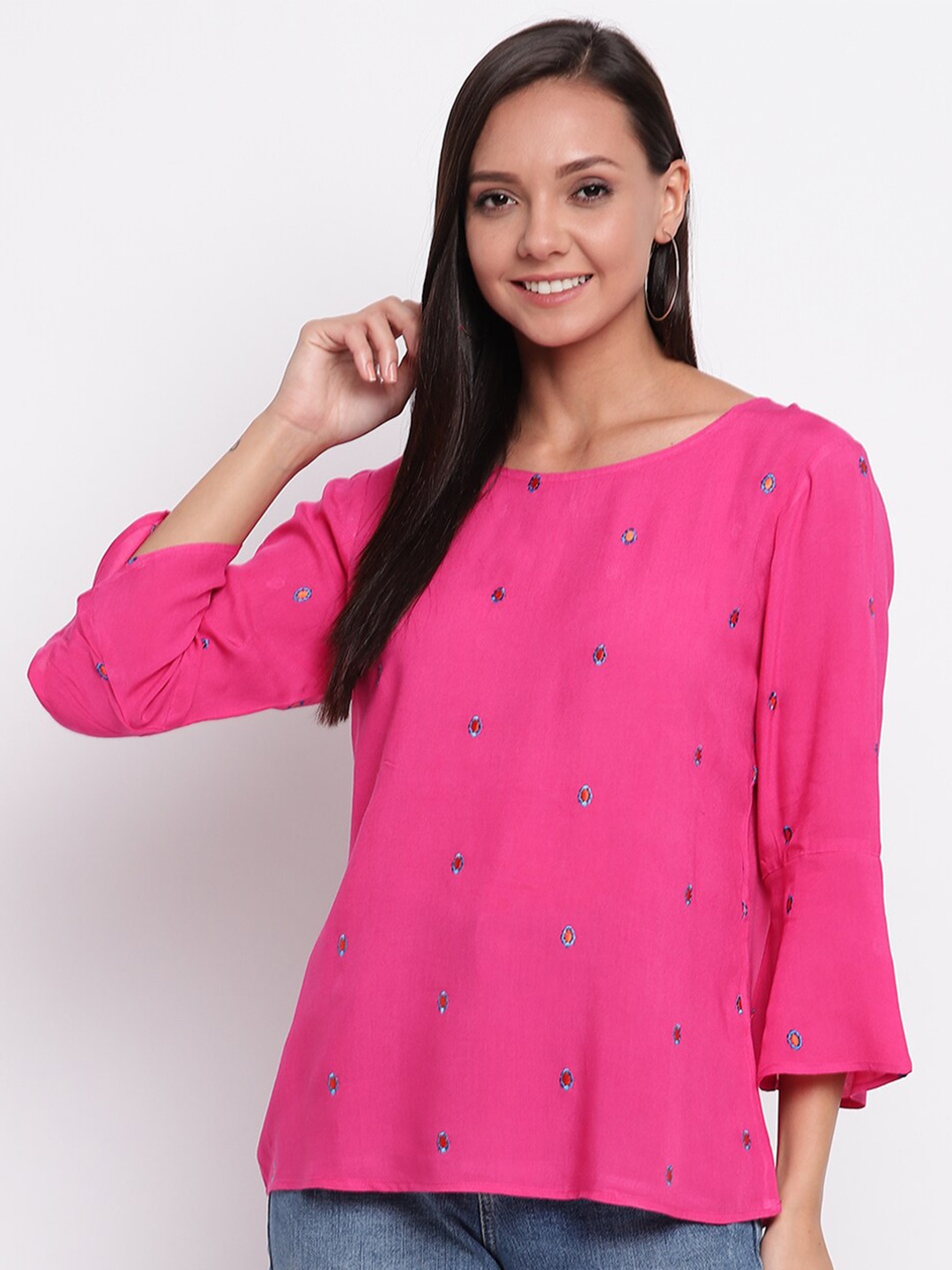 

Mayra Floral Embroidered Bell Sleeves Pure Cotton Top, Pink