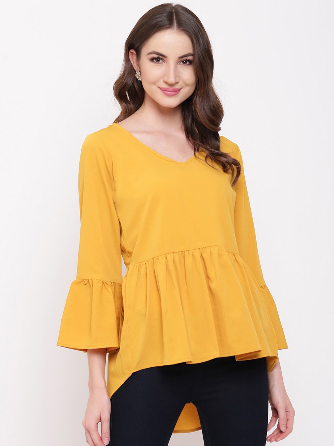 

Mayra V-Neck Gathered Bell Sleeves High-Low Top, Yellow