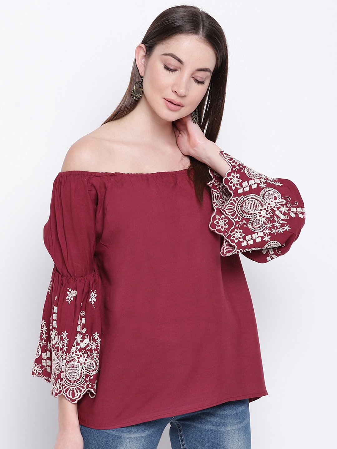 

Mayra Floral Embroidered Off-Shoulder Bell Sleeves Bardot Top, Maroon