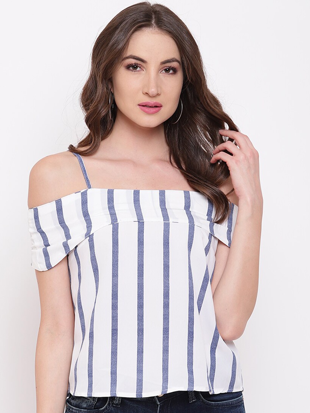 

Mayra Striped Cold Shoulder Bardot Top, White