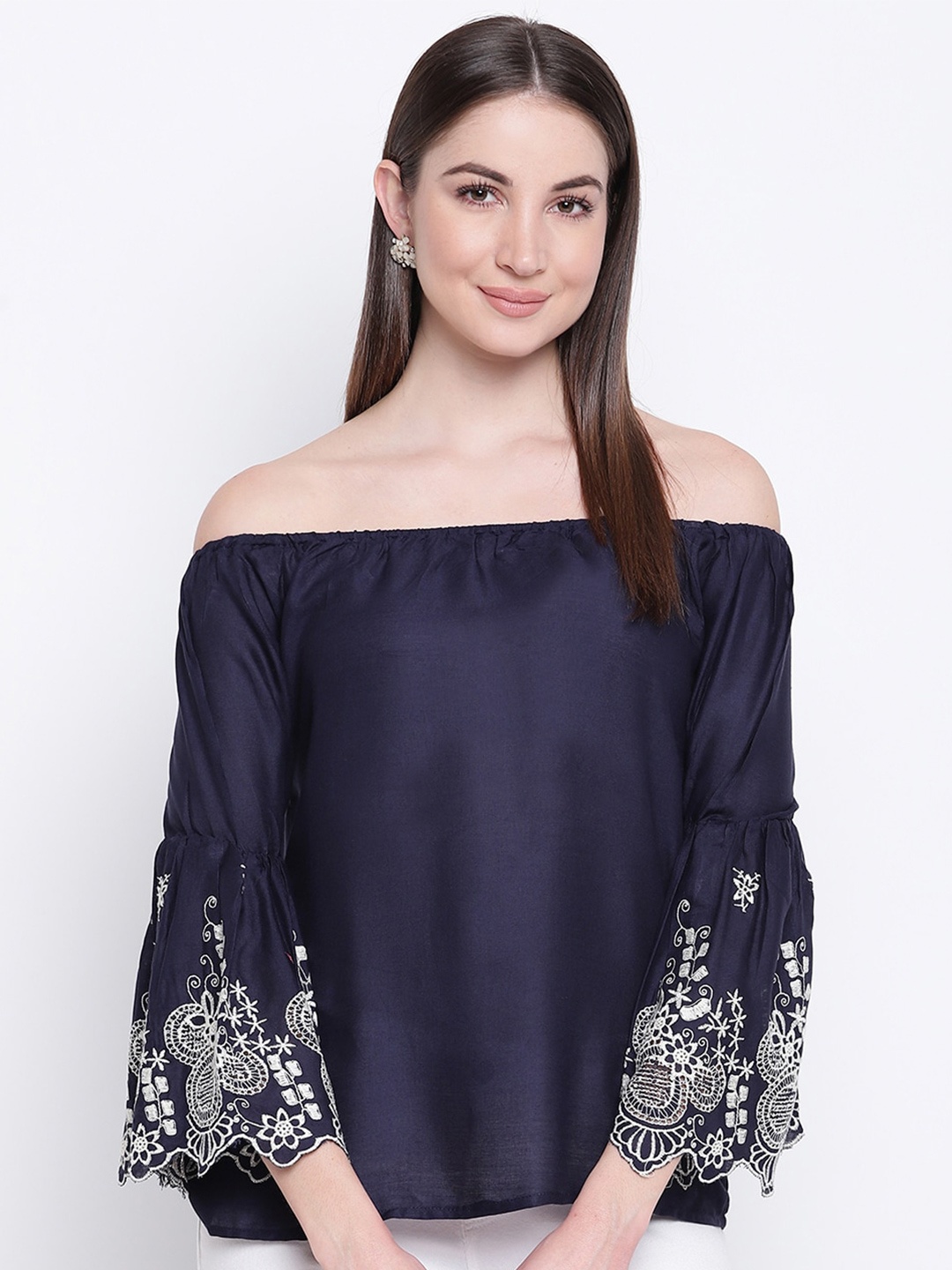 

Mayra Floral Embroidered Off-Shoulder Bell Sleeves Bardot Top, Navy blue