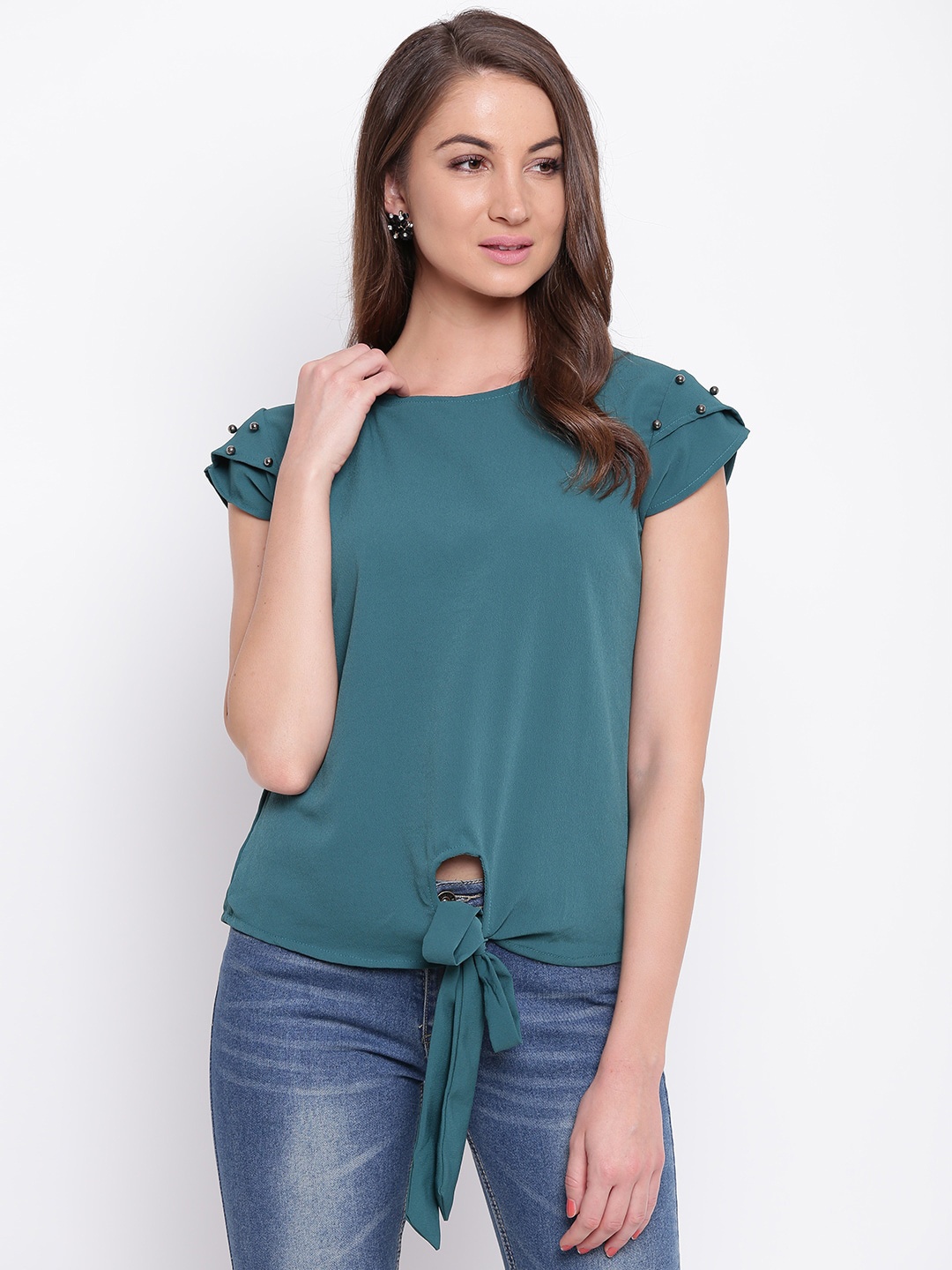 

Mayra Round Neck Cut Out Top, Teal