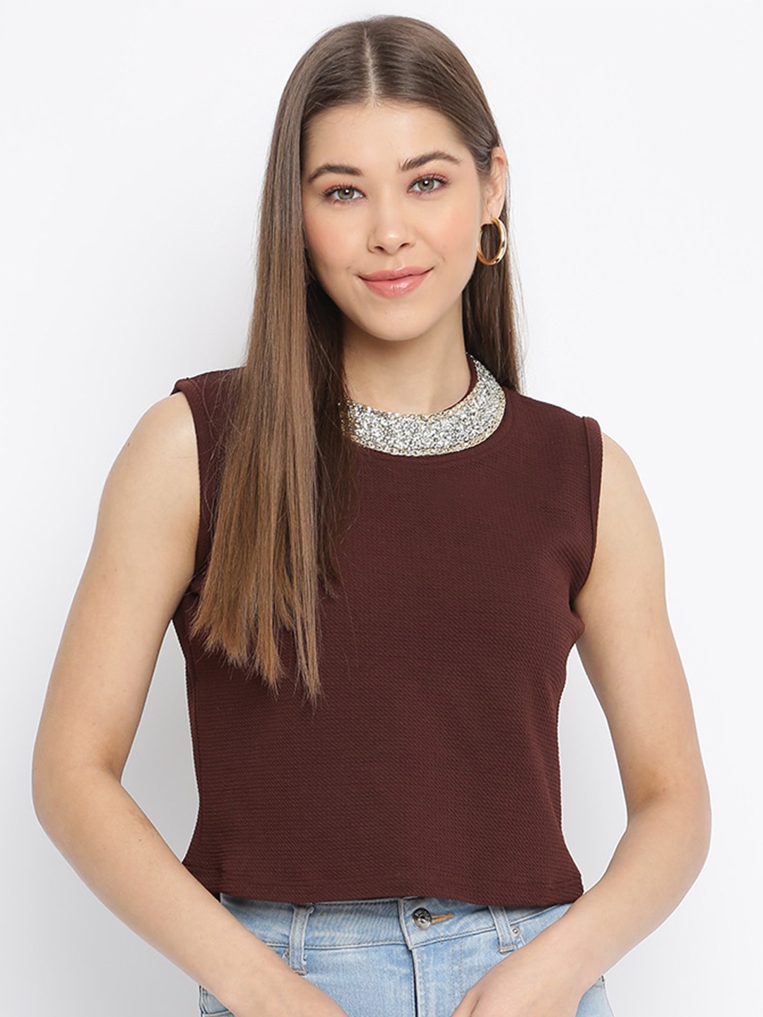 

Mayra Jewel Neck Sleeveless Crop Top, Brown