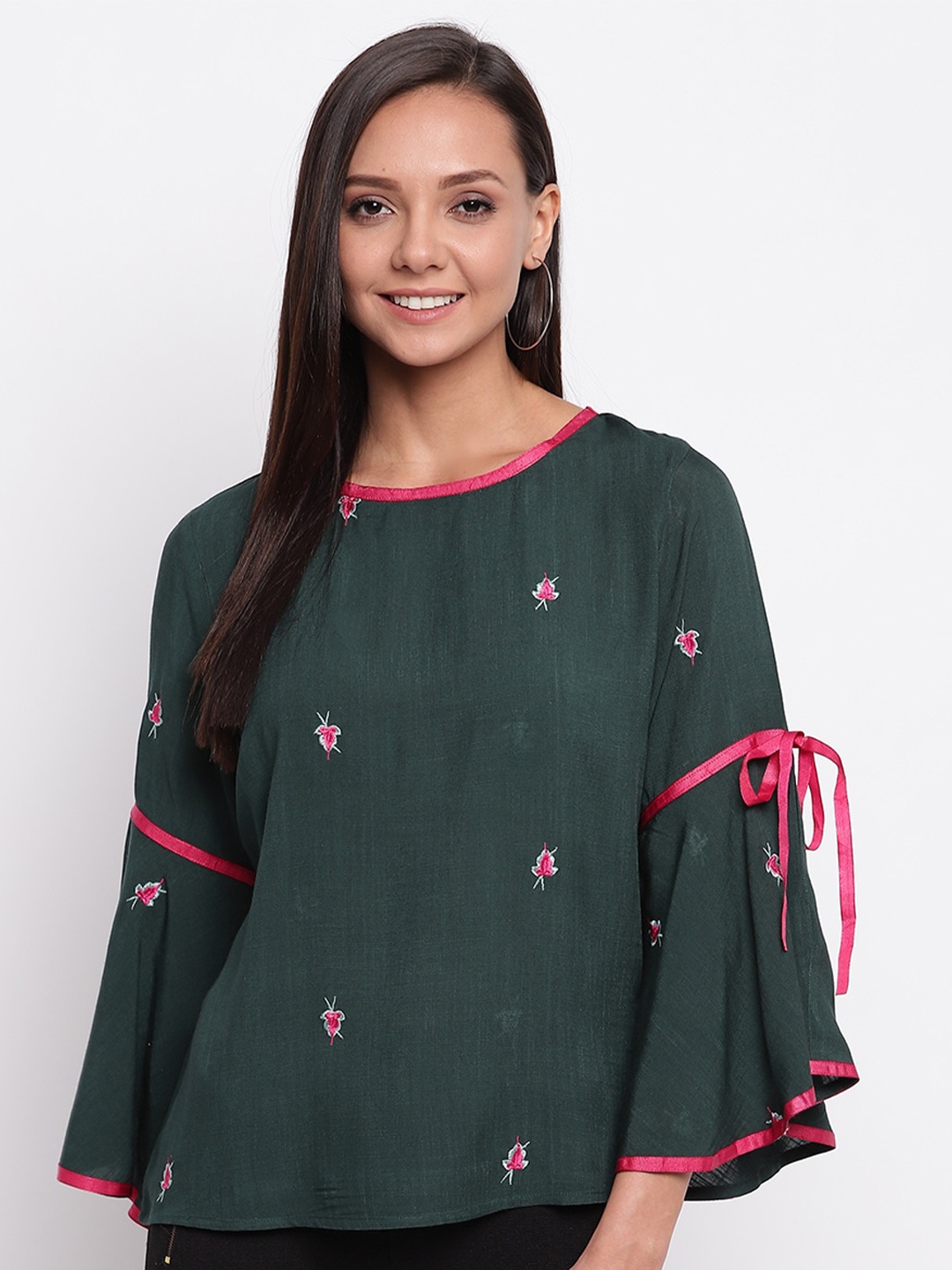 

Mayra Floral Embroidered Bell Sleeves Top, Green