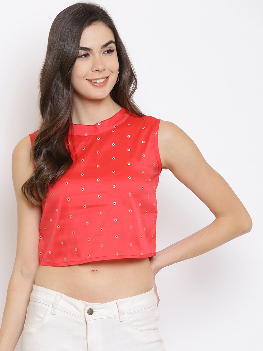 

Mayra Embellished Pure Silk Crop Top, Red