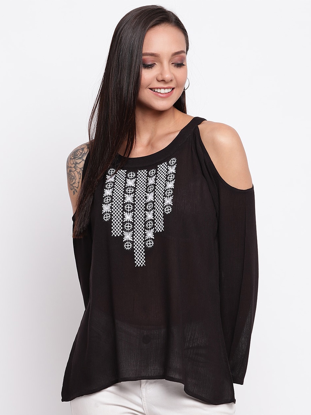 

Mayra Floral Embroideried Cold-Shoulder sleeves Top, Black