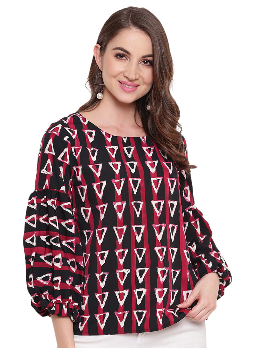 

Mayra Geometric Print Crepe Top, Black