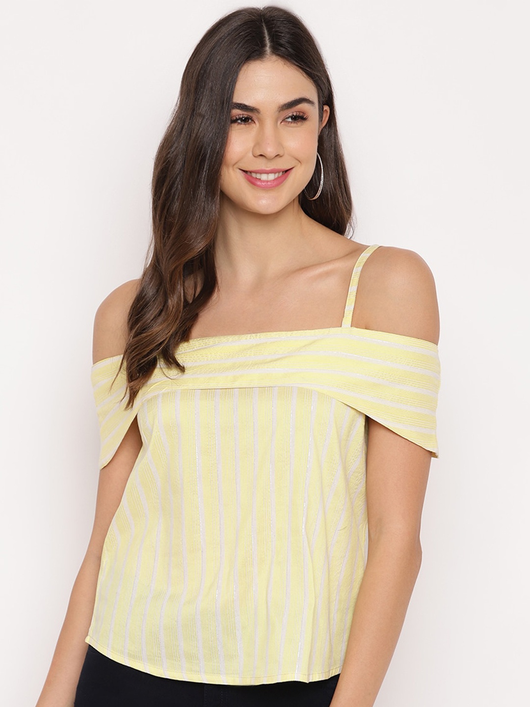 

Mayra Striped Shoulder Straps Bardot Top, Yellow