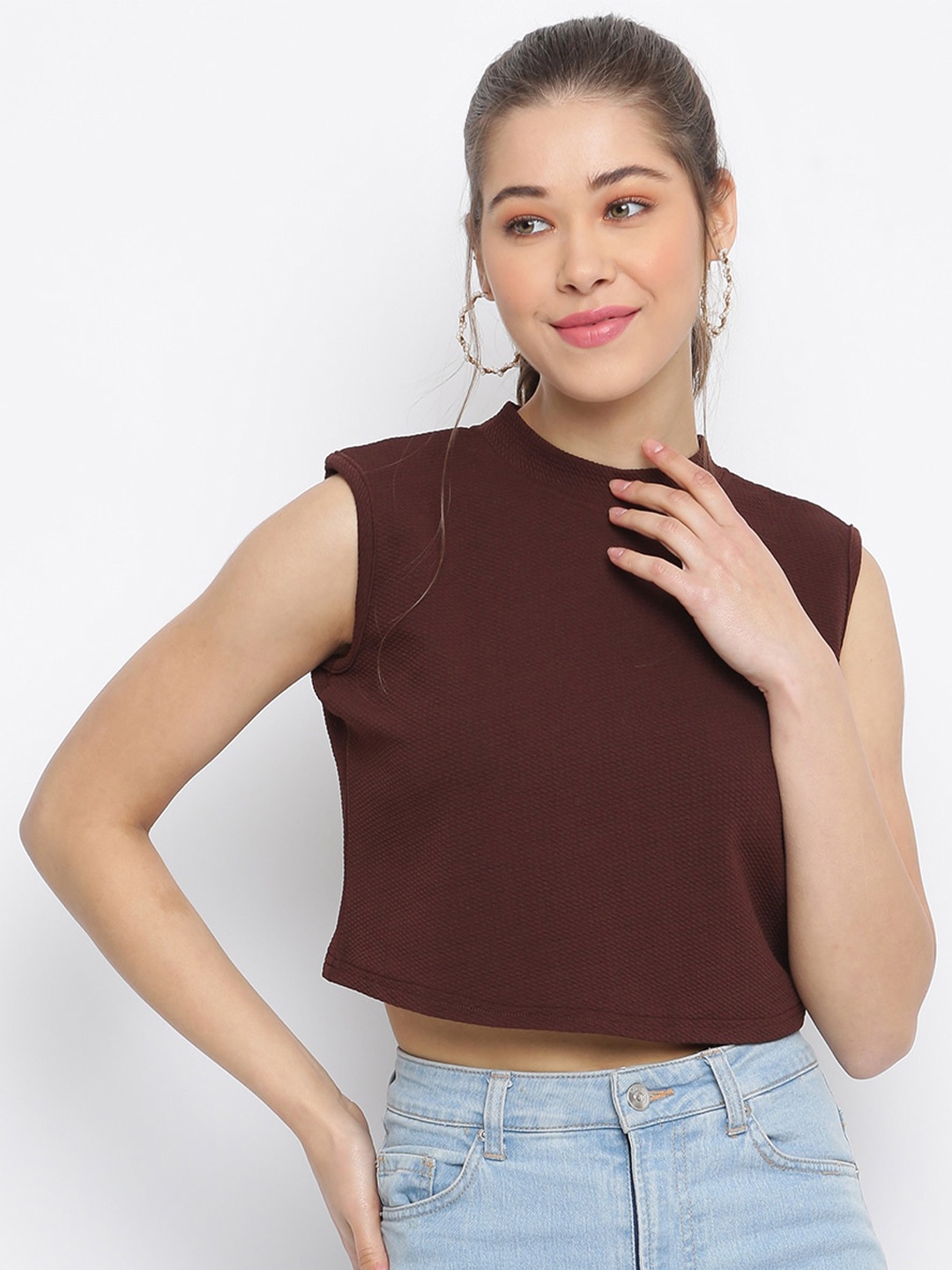 

Mayra Round Neck Sleeveless Crop Top, Brown