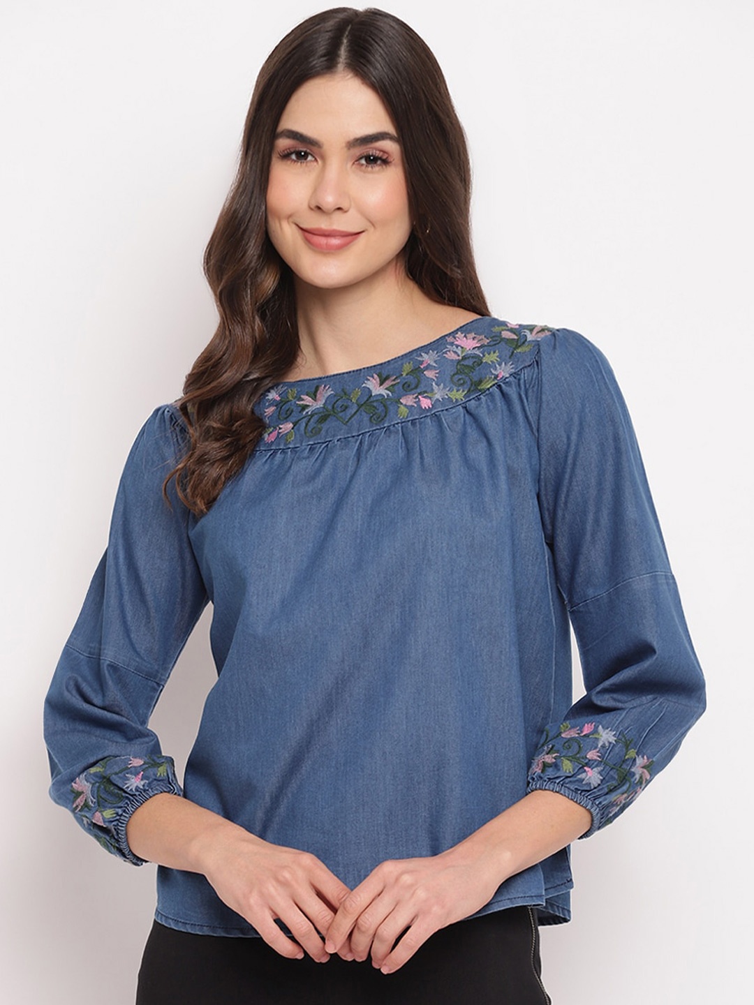 

Mayra Puff Sleeve Floral Top, Blue