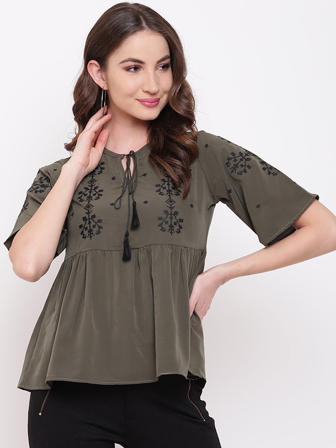 

Mayra Floral Tie-Up Neck Top, Olive