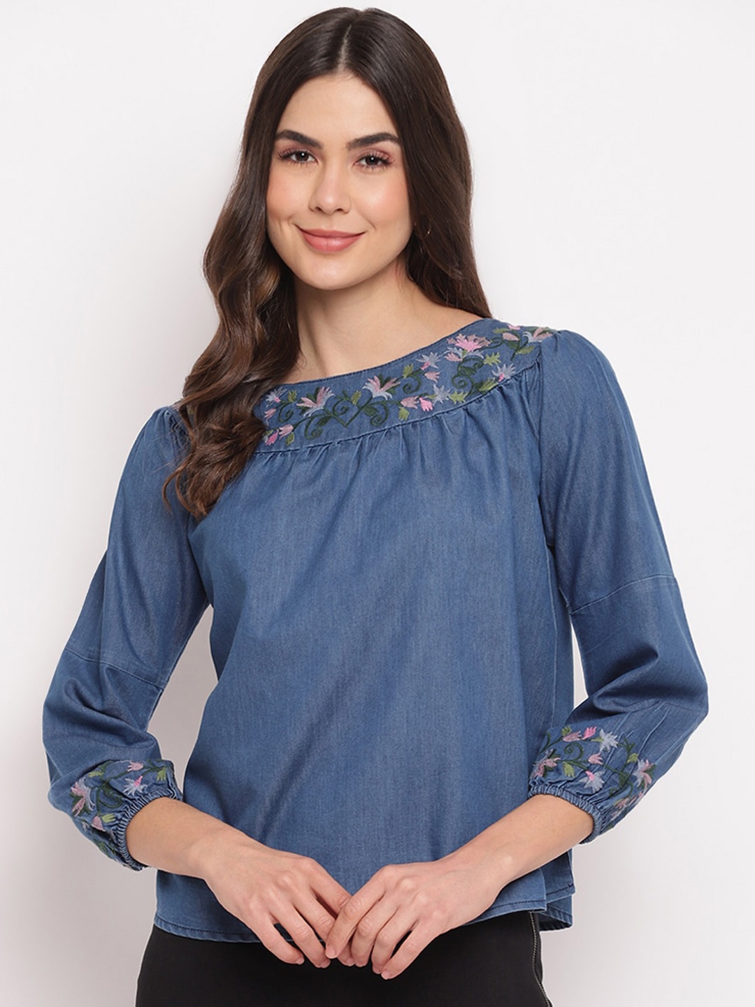 

Mayra Puff Sleeves Floral Top, Blue