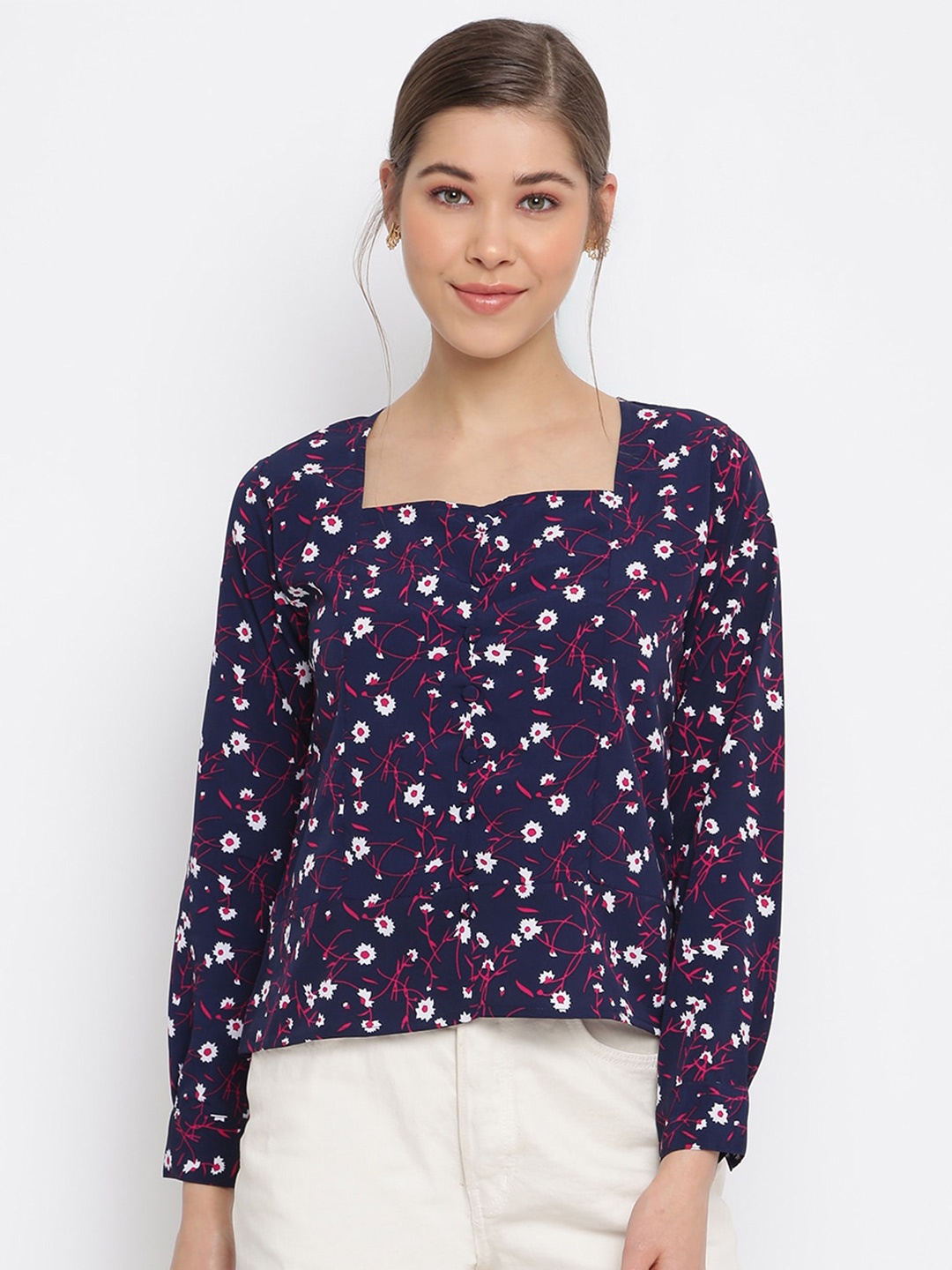 

Mayra Cuffed Sleeves Floral Print Crepe Top, Blue