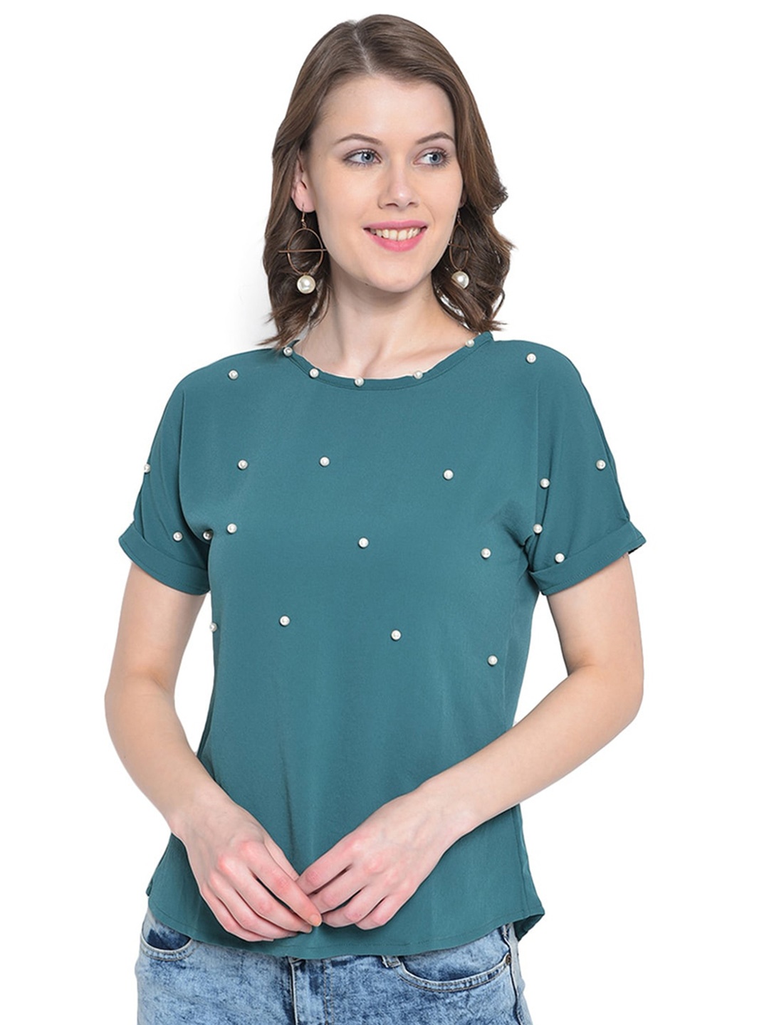 

Mayra Turquoise Embellished Crepe Top, Turquoise blue
