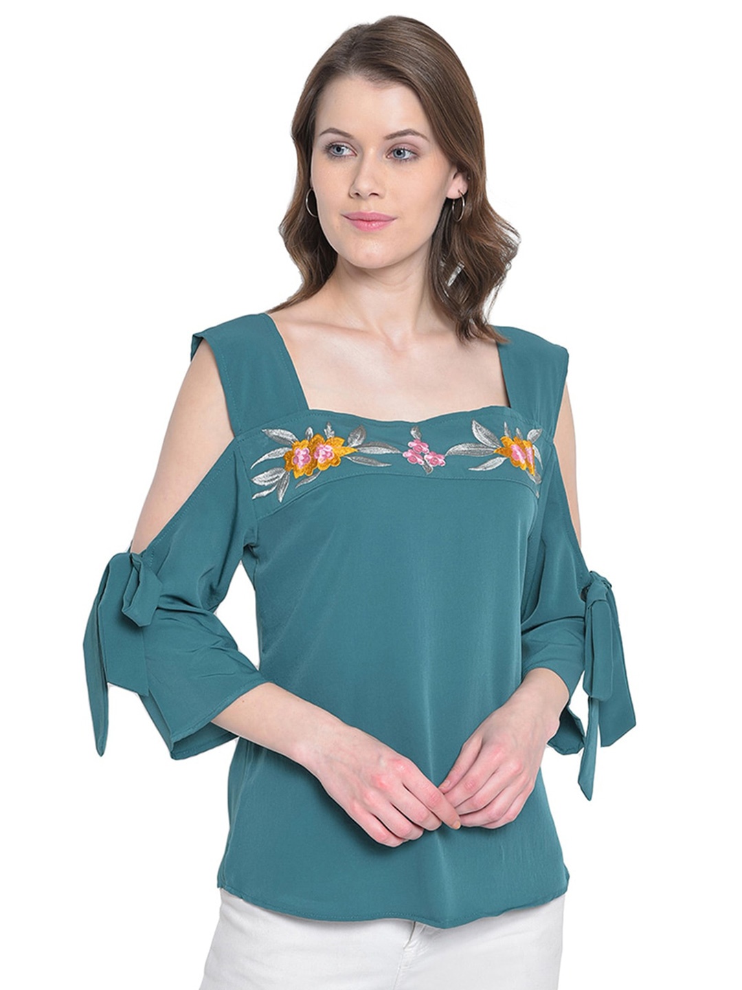 

Mayra Floral Embroidered Cold Shoulder Sleeves Top, Turquoise blue