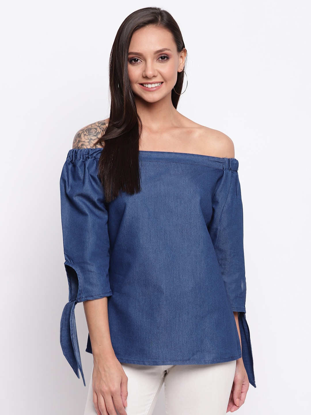 

Mayra Off-Shoulder Puffed Sleeves Bardot Denim Top, Blue