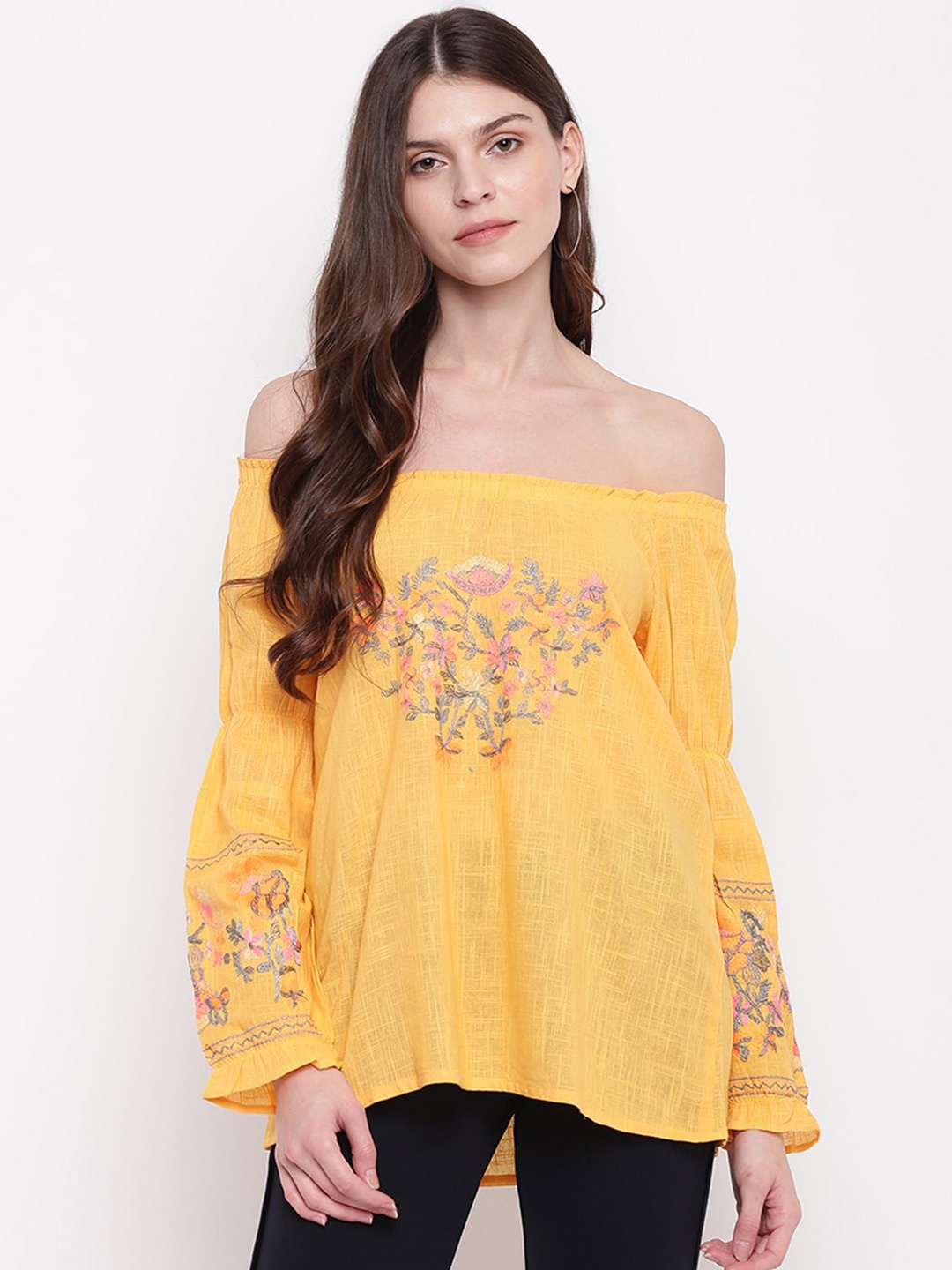 

Mayra Floral Embroidered Bell Sleeves Off-Shoulder Pure Cotton Bardot Top, Mustard