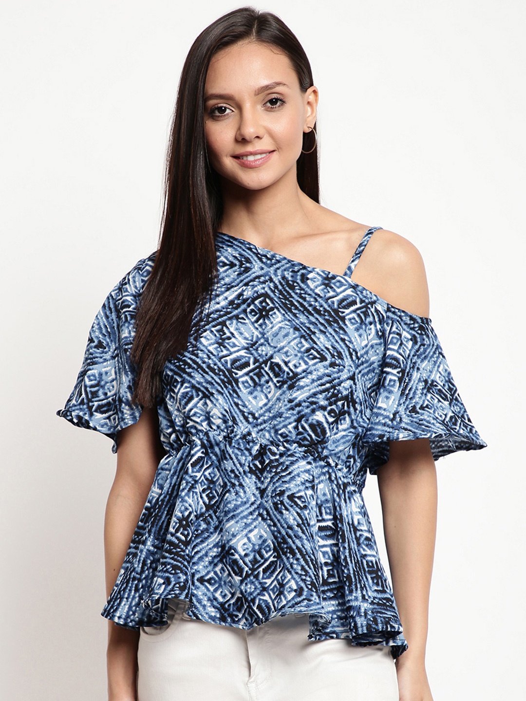 

Mayra Ethnic Printed Flared Sleeves Gathered Cinched Waist Top, Navy blue