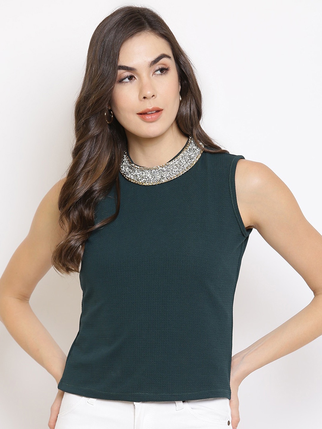 

Mayra Round Neck Embellished Detail Top, Green