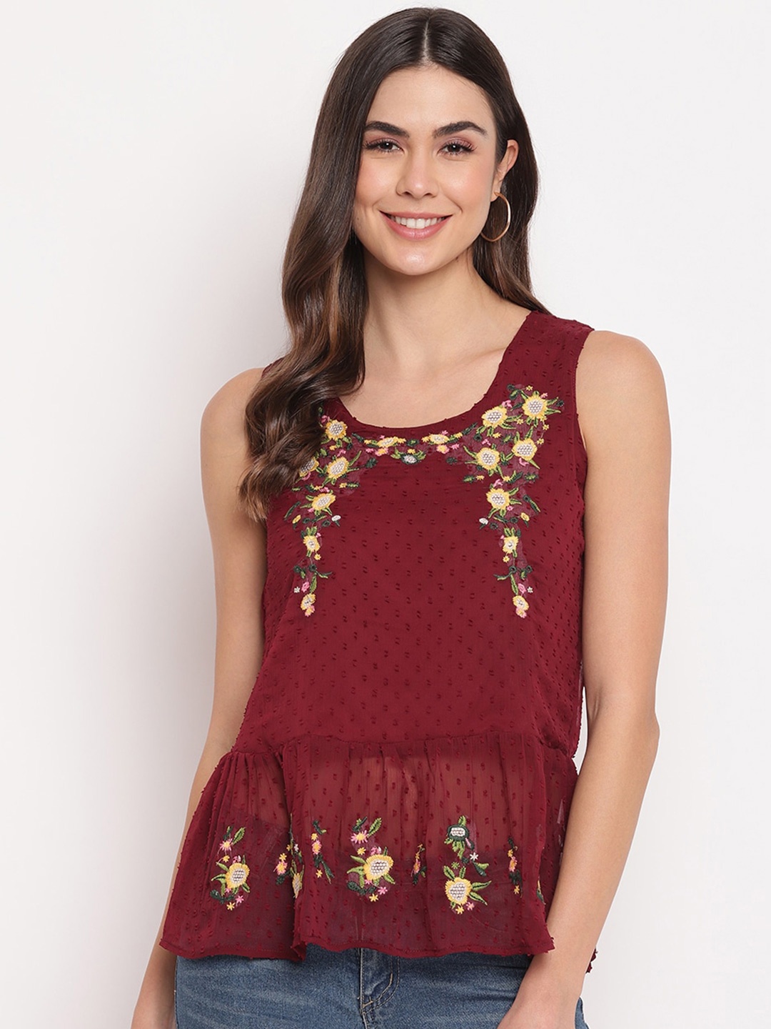 

Mayra Self Design Embroidered Detail Pleated Top, Maroon