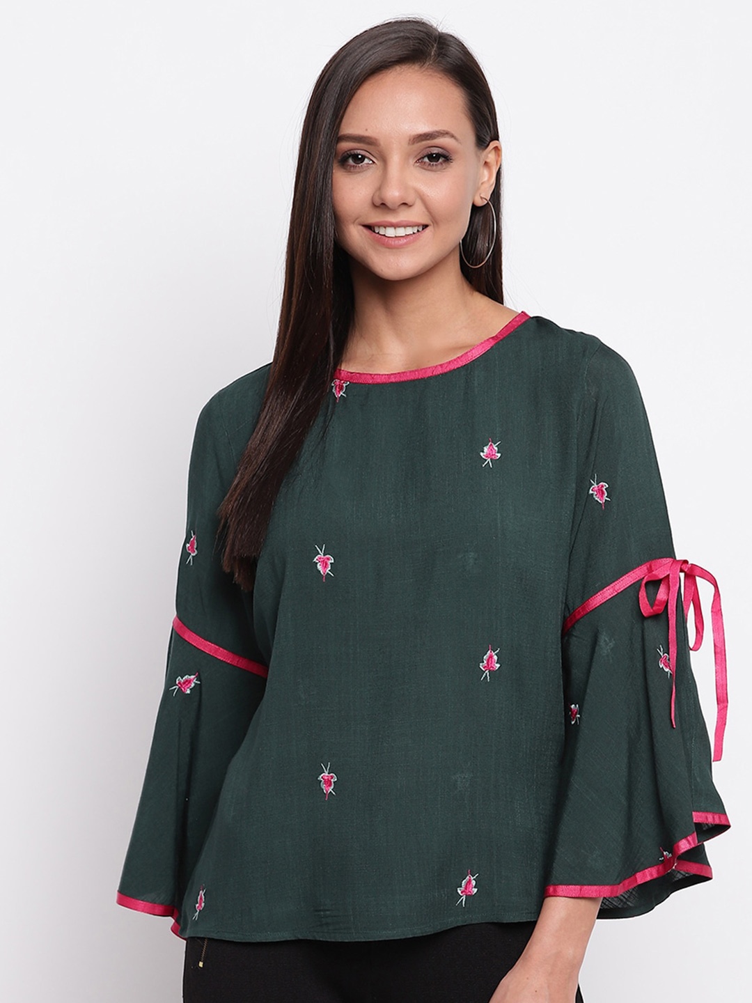 

Mayra Floral Embroidered Bell Sleeves Top, Green