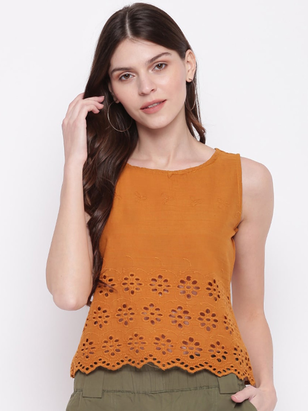 

Mayra Self Design Sleeveless Schiffli Pure Cotton Top, Mustard