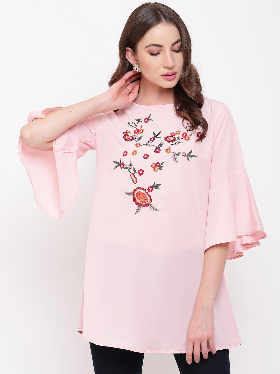 

Mayra Floral Embroidered Bell Sleeves Boat Neck Longline A-Line Top, Pink