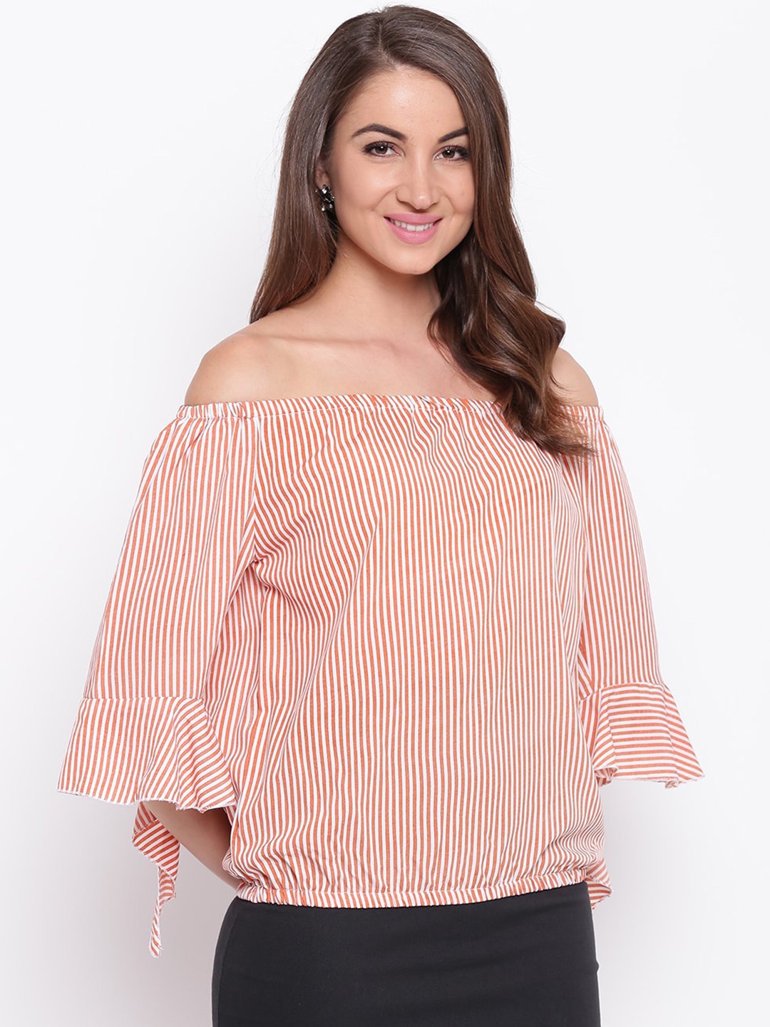 

Mayra Striped Bell Sleeves Off-Shoulder Bardot Top, Peach