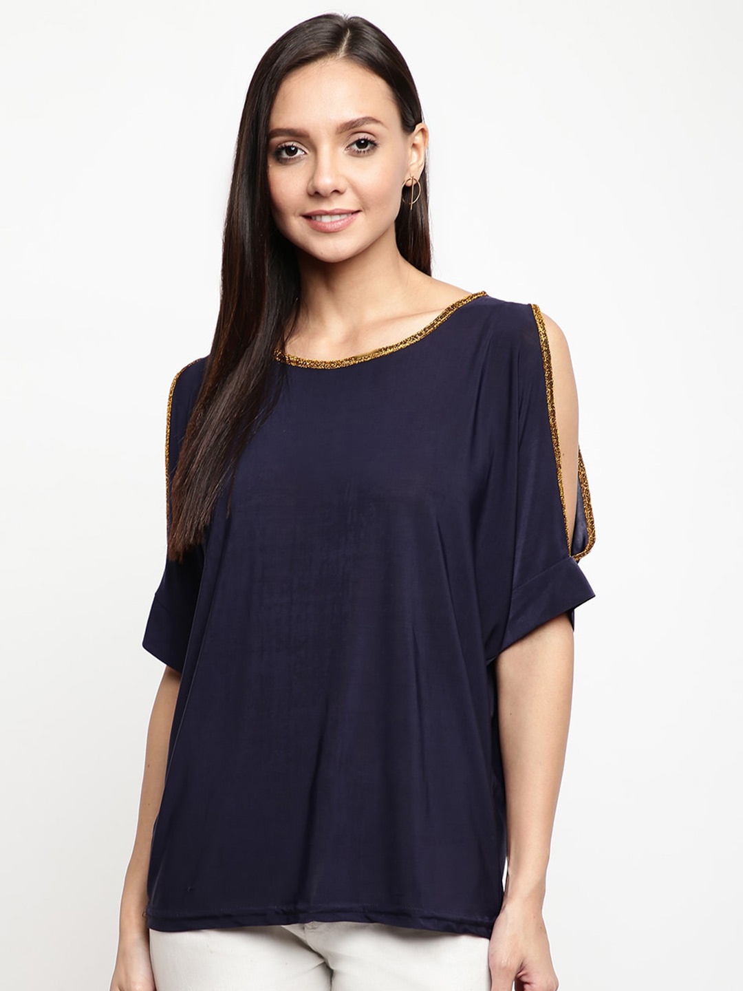 

Mayra Cold Shoulder Round Neck Top, Navy blue