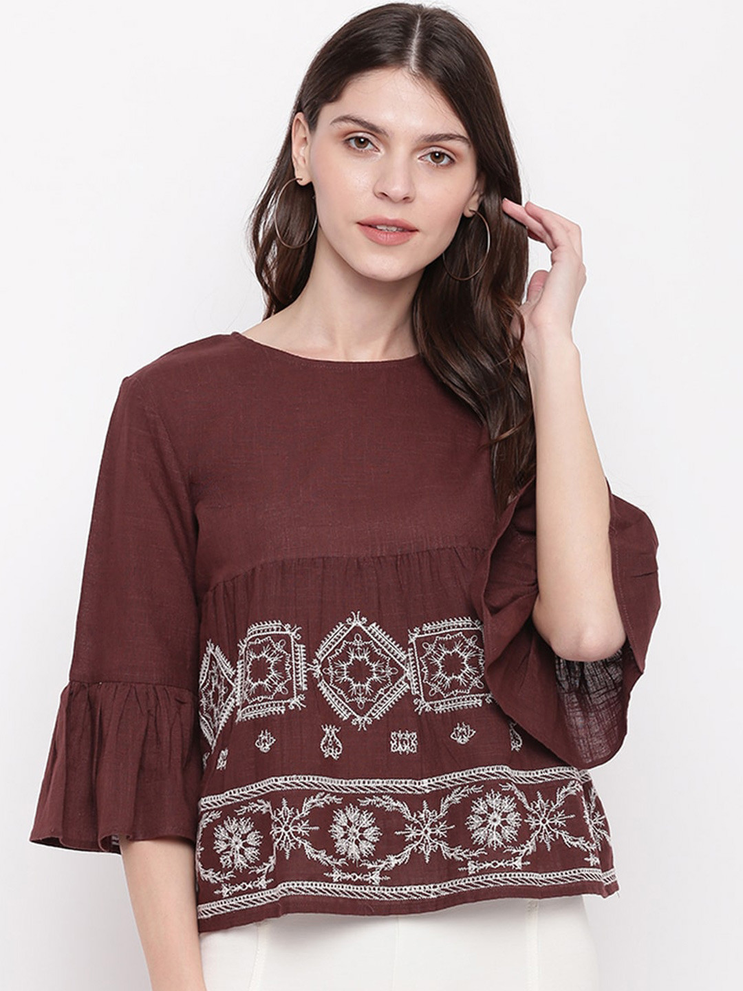 

Mayra Ethnic Embroidered Bell Sleeves Gathered Pure Cotton A-Line Top, Coffee brown