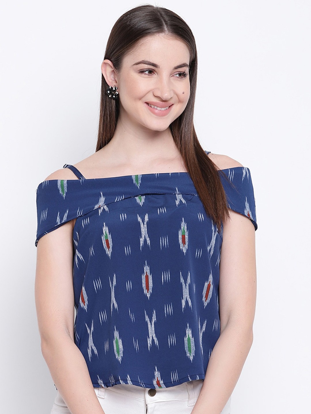 

Mayra Printed Shoulder Straps Bardot Top, Blue