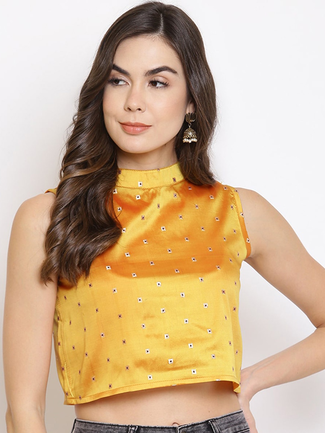

Mayra Self Design Sleeveless Pure Silk Crop Top, Yellow