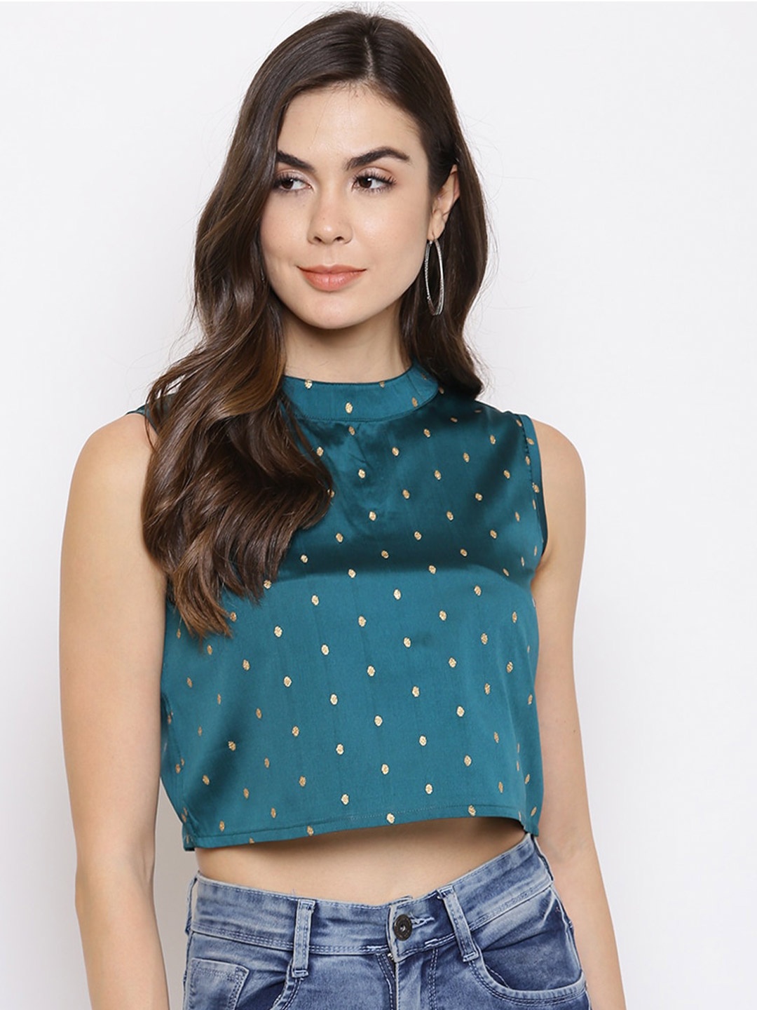 

Mayra Self Design Sleeveless Pure Silk Crop Top, Teal