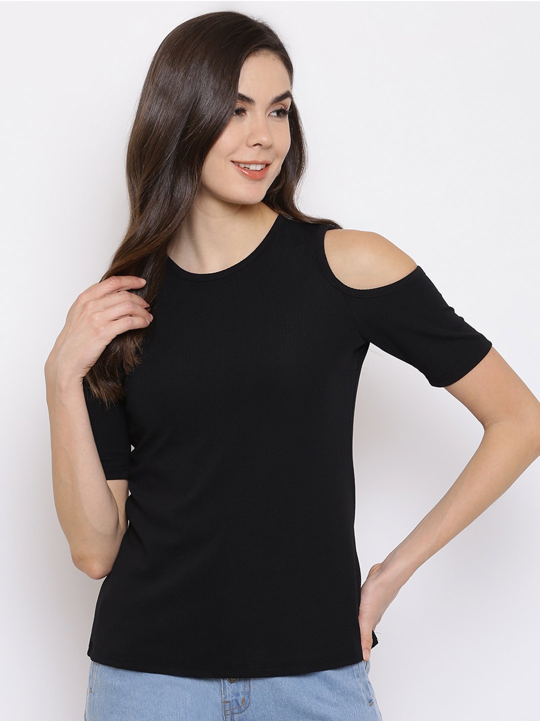 

Mayra Cold-Shoulder Sleeves Round Neck Top, Black