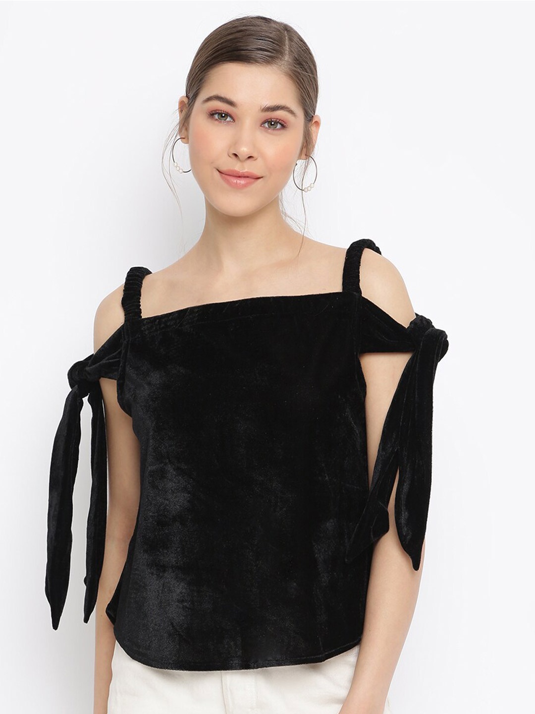 

Mayra Shoulder Strap Velvet Bardot Top, Black