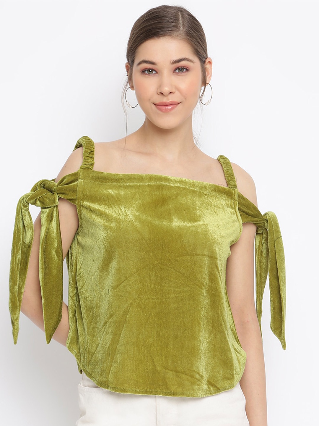 

Mayra Shoulder Strap Velvet Bardot Top, Green