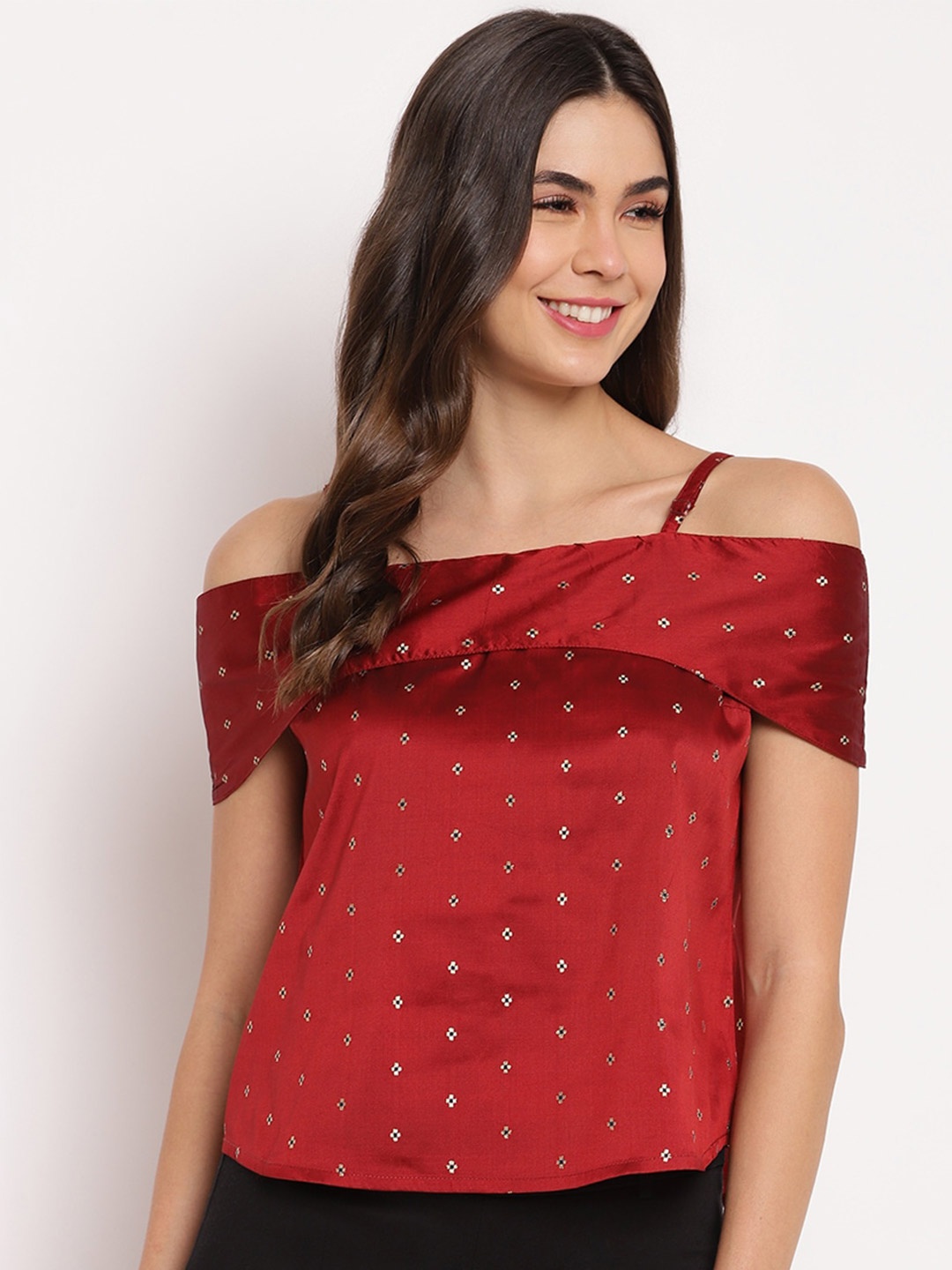 

Mayra Self Design Shoulder Strap Bardot Top, Red