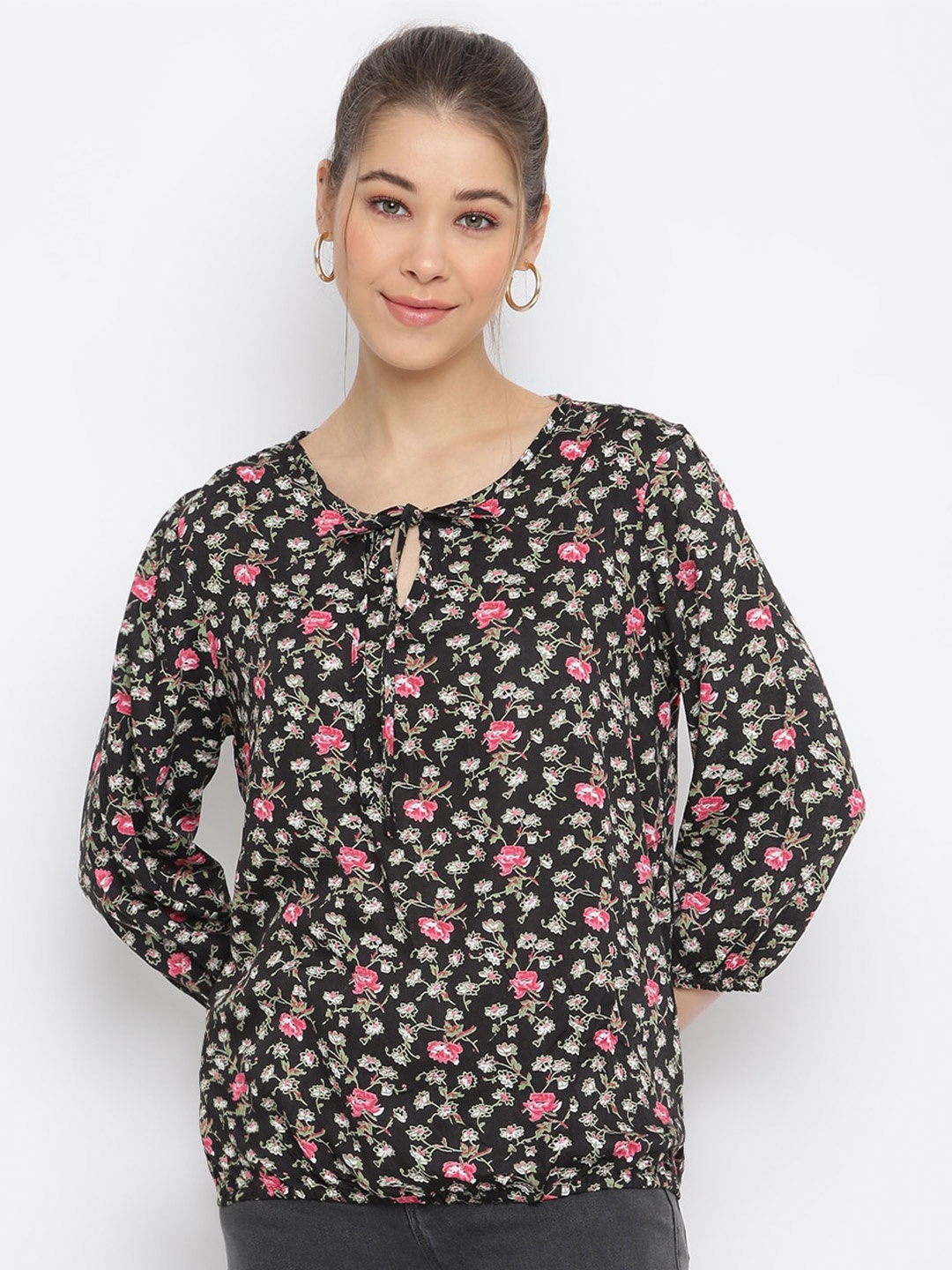 

Mayra Floral Printed Tie-Up Neck Top, Black