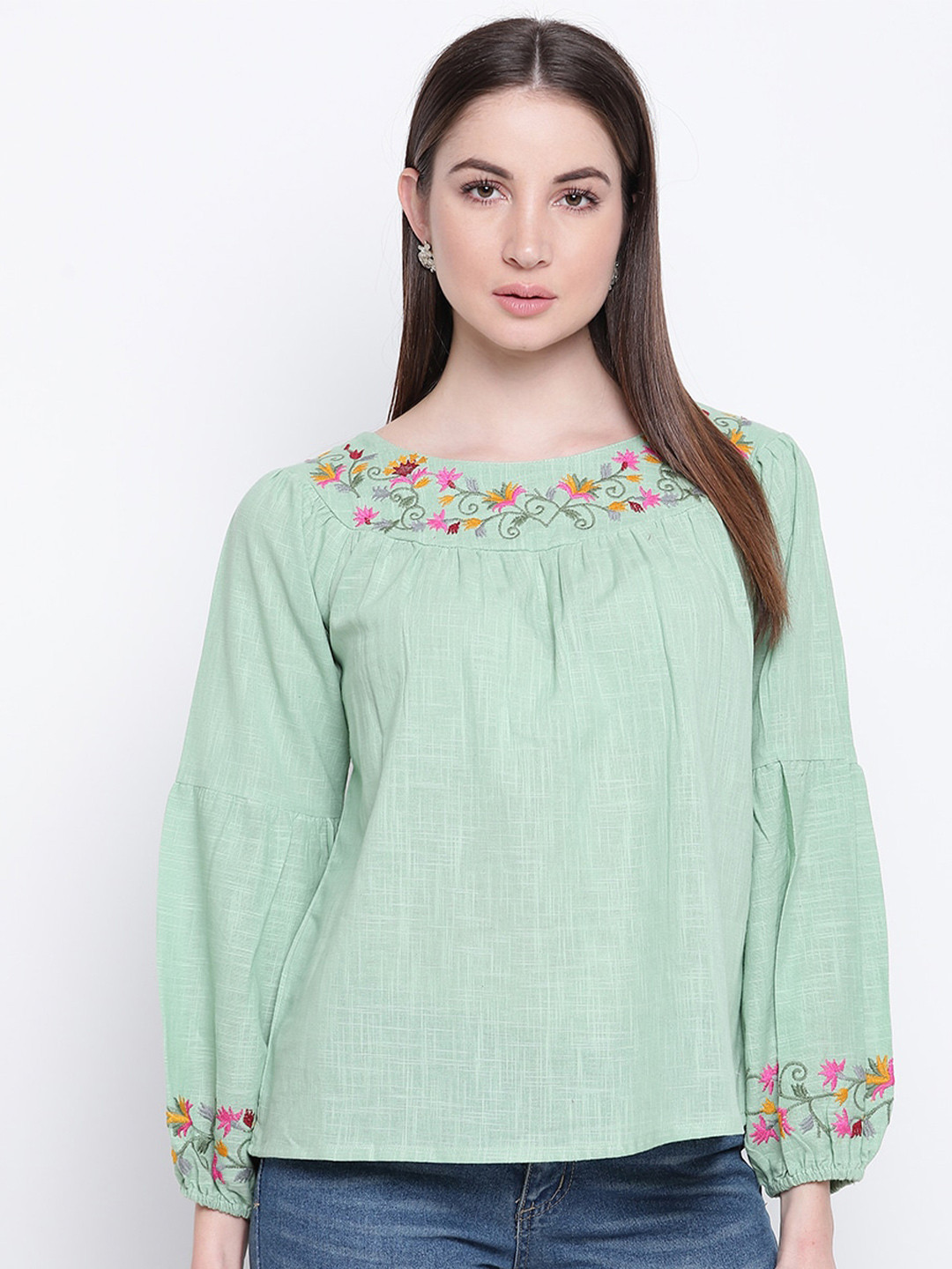 

Mayra Women Floral Embroidered Pure Cotton Top, Green