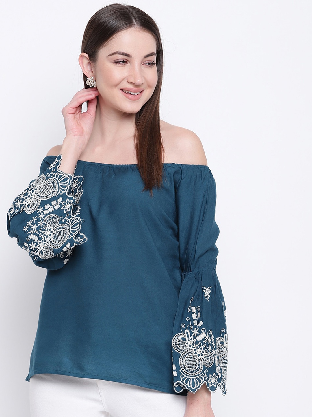 

Mayra Off-Shoulder Bell Sleeves Bardot Top, Teal