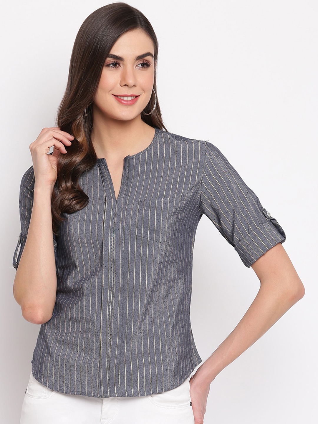 

Mayra Striped Roll-Up Sleeves Pure Cotton Top, Grey