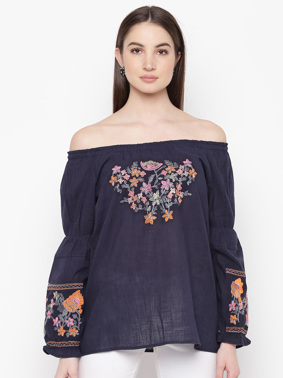 

Mayra Floral Self Design Off-Shoulder Bardot Top, Navy blue