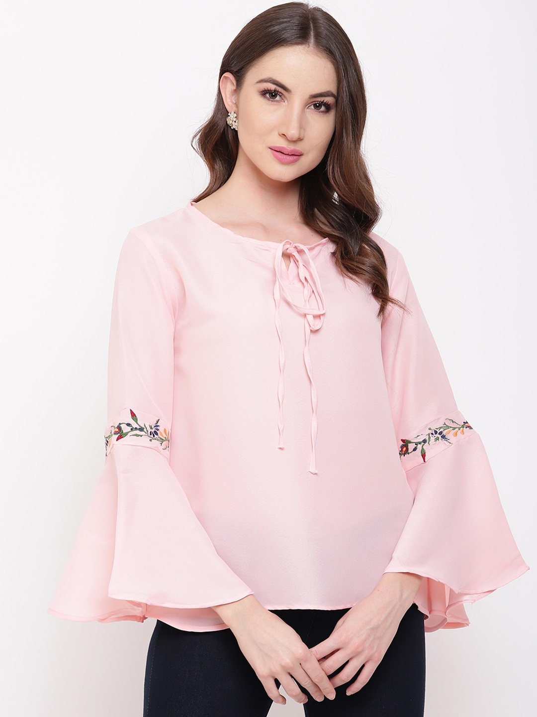 

Mayra Tie-Up Neck Bell Sleeves Top, Pink