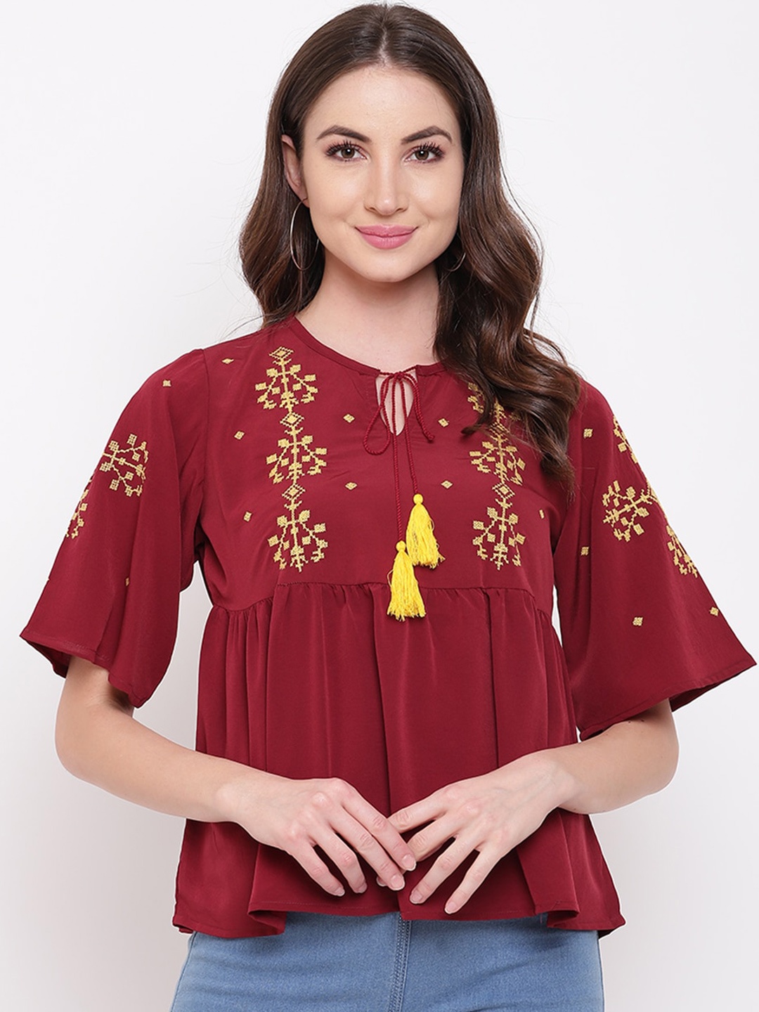 

Mayra Ethnic Embroidered Flared Sleeves Tie-Up Neck Pleated A-Line Top, Maroon