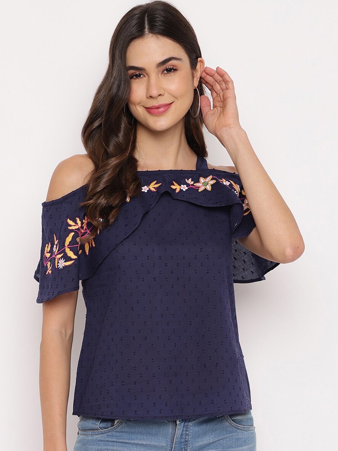 

Mayra Floral Embroidered Cold-Shoulder Sleeves Pure Cotton Top, Navy blue